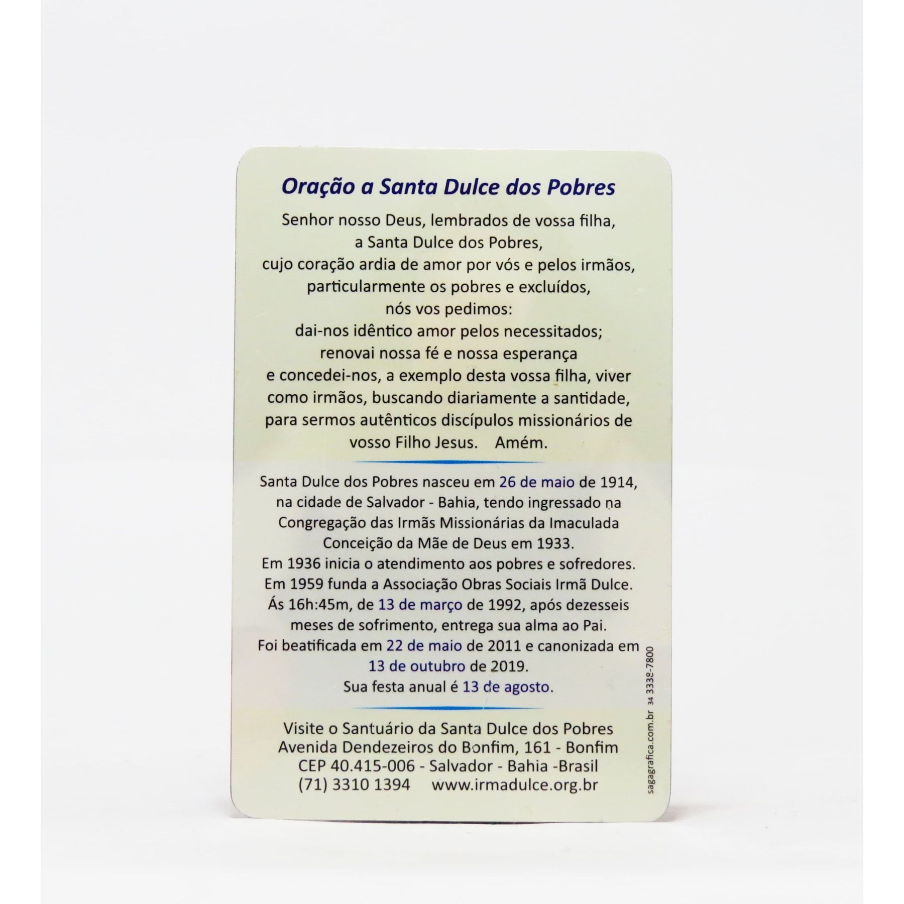 Card 3D Imagem Santa Dulce 5x8